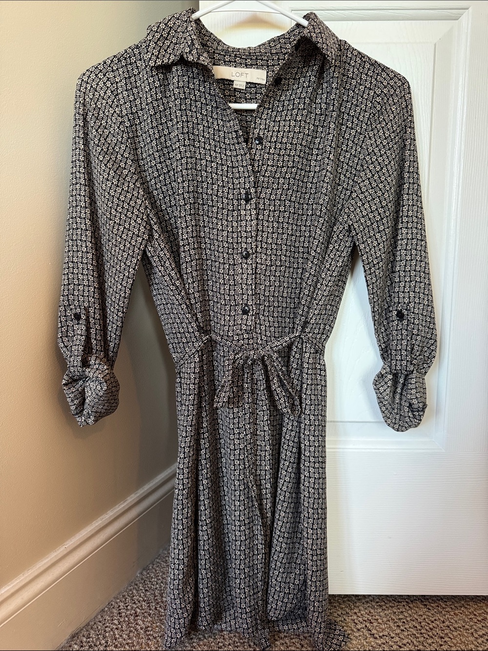 LOFT Black & White Geo Print Long Sleeve Shirt Dress